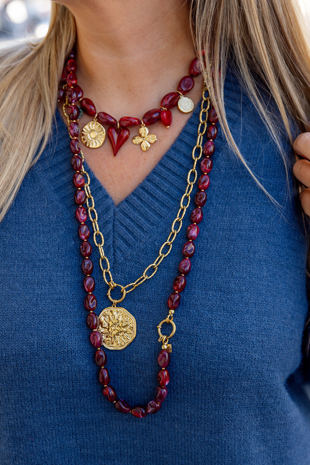 Coralia - kralenketting lang - burgundy/goud