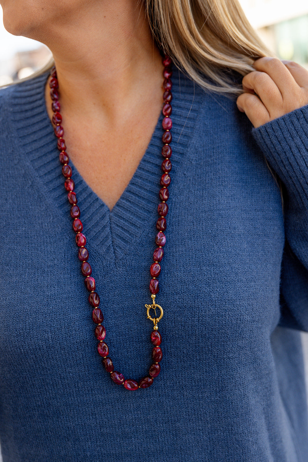 Coralia - kralenketting lang - burgundy/goud