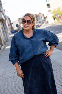 Elvé - blouse lange mouw ribfluweel - marineblauw