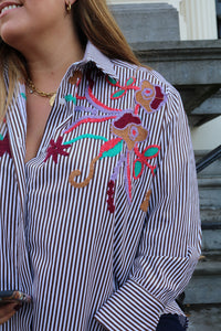 Ivy - blouse met broderie gestreept - bruin/wit