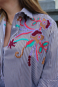 Ivy - blouse met broderie gestreept - bruin/wit