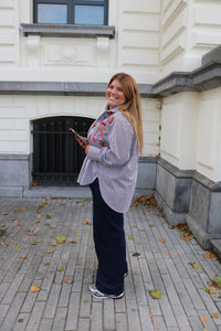 Ivy - blouse met broderie gestreept - bruin/wit