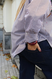 Ivy - blouse met broderie gestreept - bruin/wit