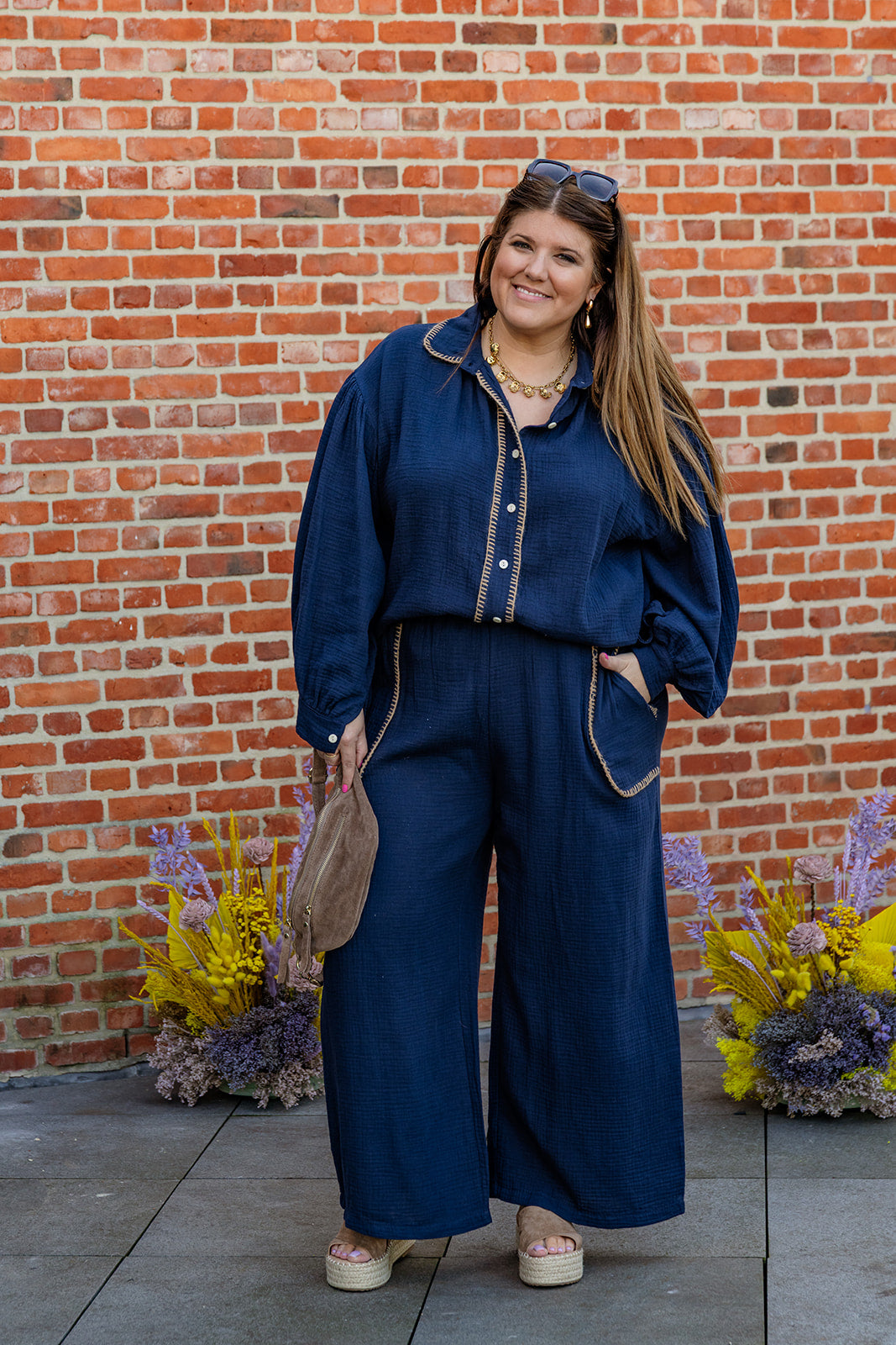 Jutta - broek tetra - marineblauw/cognac